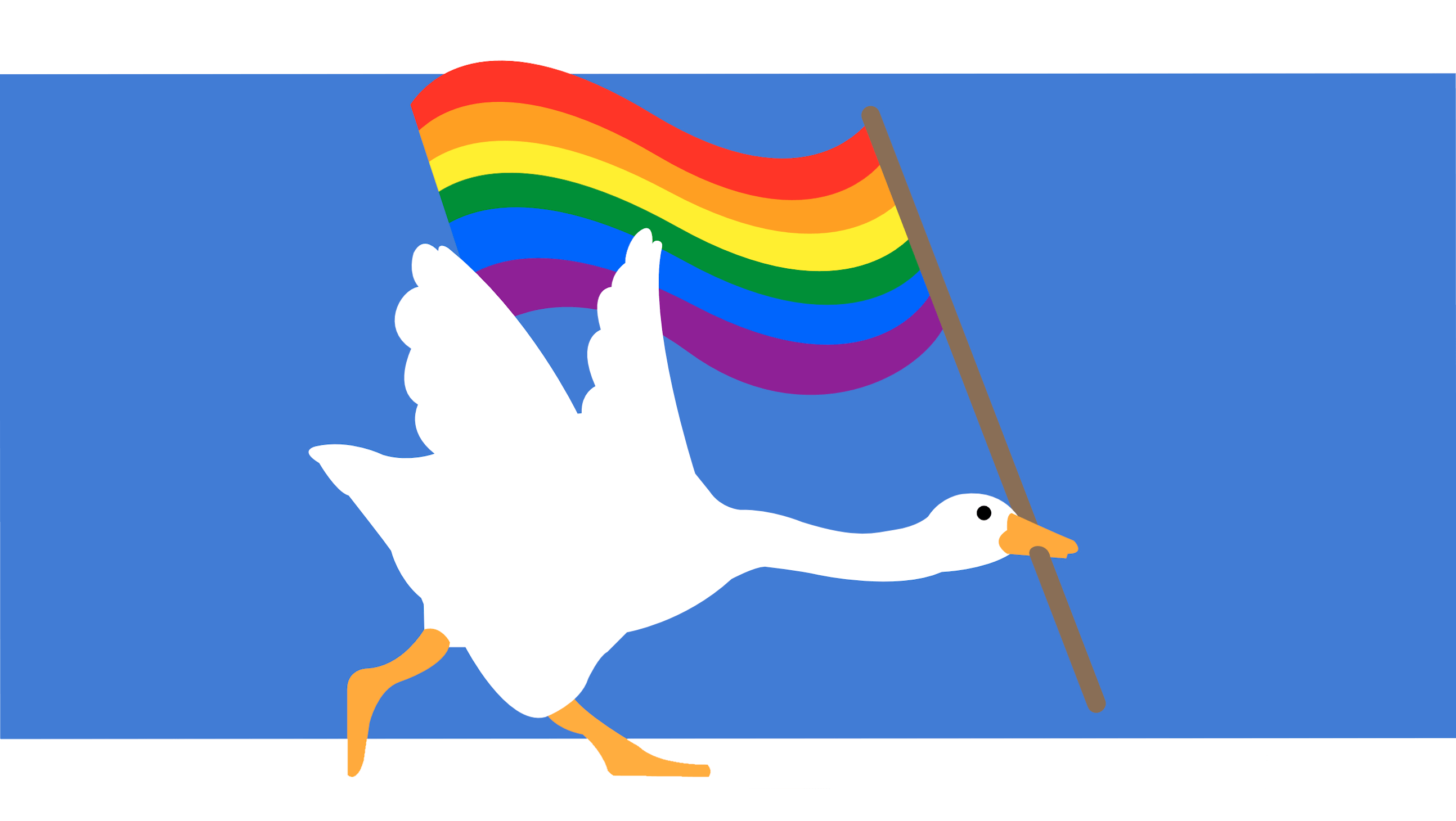 A white goose holding a pride flag in its beak running from left to right